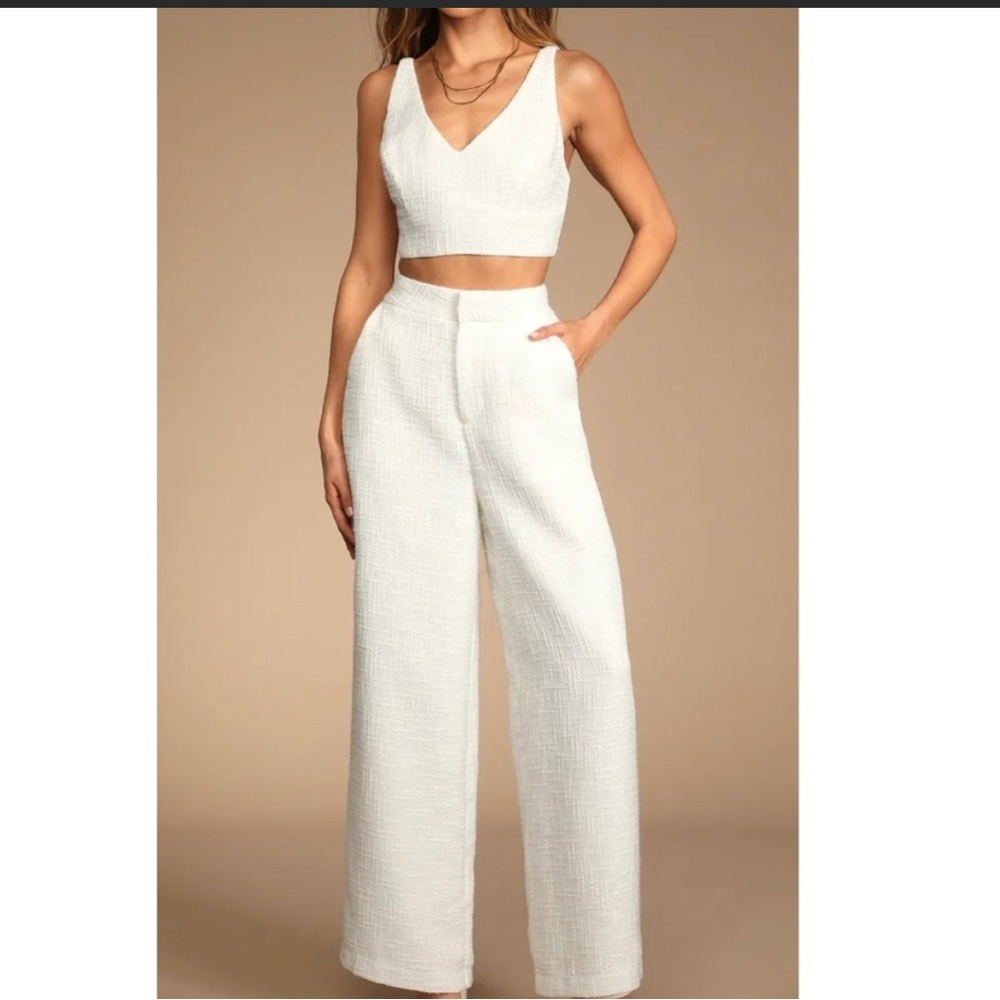 XS lulus white tweed two piece set bridal outfit